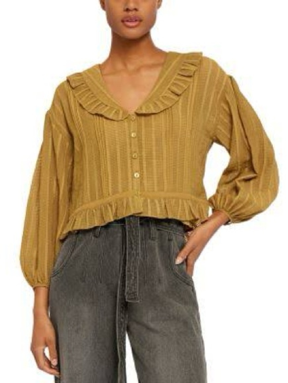 JOIE Adele Ruffle Button-Up Olive Green Shirt, sz S